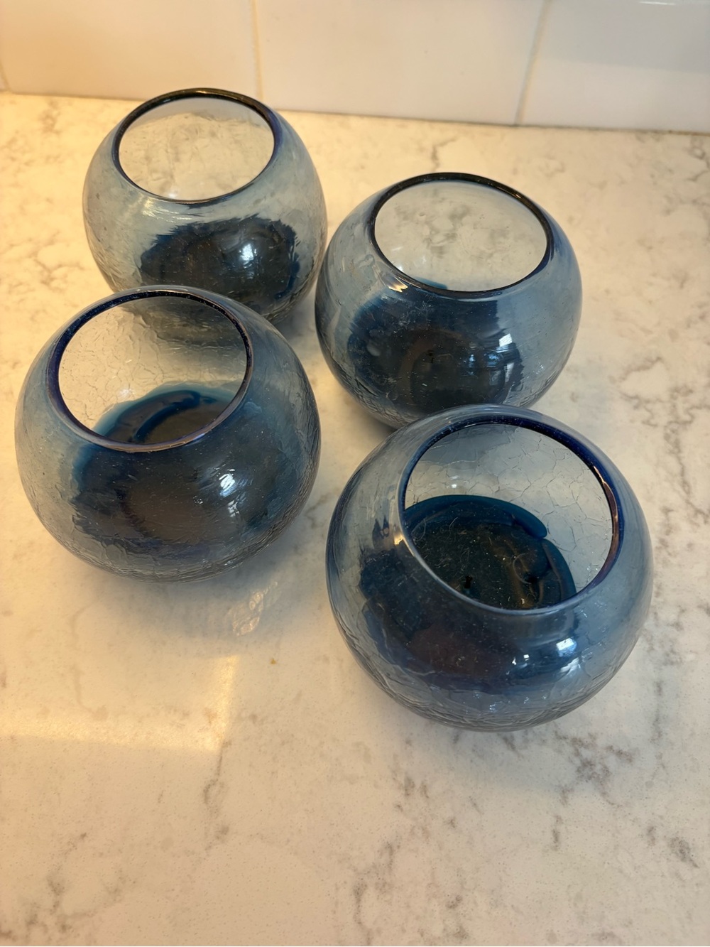 Set of 4 Blue Crackle Glass Votive Holders